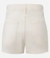 Short pollera de sarga color beige, con diseño de tiro medio, trabillas en la cintura, bolsillos laterales y cierre frontal con botón y cremallera.