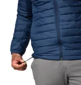 Campera acolchada Columbia modelo Silver Falls II Hood, color azul marino, con capucha integrada, cierre frontal completo y bolsillos laterales con cierre. Presenta tecnología Omni-Shield repelente al agua y aislamiento térmico Thermarator.