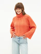 Poleron de tejido de punto con cuello alto y diseño de trenzas verticales. Presenta mangas largas con puños acampanados y un corte cropped.