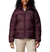 Campera tipo puffer Columbia, color bordó, con cierre frontal completo, cuello alto con protector de mentón, bolsillos laterales con cremallera y puños elásticos. Cuenta con aislamiento térmico sintético y tejido impermeable.
