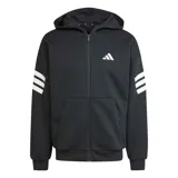 Campera deportiva Adidas con capucha y cierre frontal completo. Presenta un diseño en color negro con las icónicas tres franjas blancas en las mangas y el logo de la marca en el pecho. Incluye bolsillos laterales y puños acanalados.