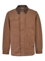 Chaqueta marrón de lona de algodón orgánico, con cuello camisero de pana marrón oscuro a contraste. Cuenta con múltiples bolsillos frontales con solapa y remaches metálicos, cierre frontal oculto y calce regular.