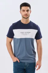Remera de manga corta con diseño de bloques de color en tonos gris, blanco y azul marino. Cuenta con cuello redondo y una estampa tipográfica en el centro del pecho.