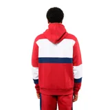 Canguro con capucha de la marca Umbro, oficial del Club Nacional de Football. Presenta un diseño tricolor en bloques de color bordó, blanco y azul marino, con el escudo del club y el logo de la marca bordados en el frente. Incluye bolsillo tipo canguro y cordones ajustables en la capucha.