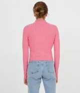 Polera color camel de punto acanalado, con cuello alto y mangas largas.