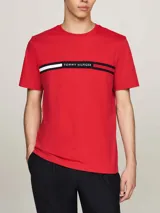 Remera roja de algodón con cuello redondo y manga corta. Presenta una franja horizontal en el pecho con los colores distintivos de la marca y el logo bordado.