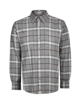 Camisa de manga larga confeccionada en franela de algodón orgánico cepillado, con diseño de cuadros en tonos grises, blancos y líneas finas en color bordó. Presenta cuello clásico, cierre frontal con botones de madera y dos bolsillos frontales en el pecho.