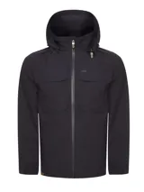 Campera cortaviento impermeable de color azul marino, con capucha desmontable, cierre frontal termosellado y bolsillos frontales con solapa. Presenta tecnología de secado rápido, aislamiento térmico y protección contra el viento, con costuras selladas para mayor resistencia.