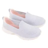 Championes Skechers GO WALK 6 Ocean Splash, color gris claro con detalles en rosa. Capellada de malla técnica, media suela con amortiguación ULTRA GO, plantilla Air-Cooled Goga Mat y tecnología Hyper Pillar.