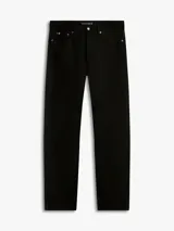 Jean de corte recto color negro, con diseño clásico de cinco bolsillos, cierre de cremallera con botón y detalles distintivos de la marca Tommy Hilfiger.
