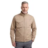 Campera de gabardina color beige, con cuello alto, cierre frontal completo y bolsillo tipo cargo en el pecho con solapa y botón.