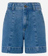 Short de jean de tiro alto con pespuntes contrastantes, cierre de botón y cremallera, trabillas en la cintura y bolsillos delanteros y traseros. Confeccionado en denim de algodón con un toque de elastano.