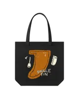 Bolso tote negro de lona con asas negras. Estampado con un diseño de una quilla de tabla de surf color naranja y texto "Single Fin".