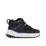 Championes de senderismo Columbia Facet 75 Mid Outdry, color negro con detalles en azul. Diseño de corte medio con tecnología impermeable OutDry, sistema de ajuste Navic Fit, amortiguación TechLite Plush y suela Adapt Trax para tracción superior.