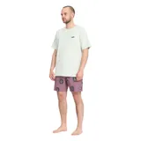 Short de baño rosa con estampado de formas tribales oscuras, cintura elástica con cordón negro ajustable.