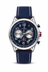 Reloj de pulsera Poedagar modelo 862 Chronograph con caja plateada, esfera azul, función de cronógrafo y correa de tela azul con costuras blancas.