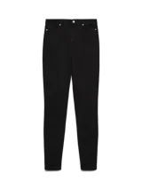 Jean de corte slim y tiro alto, confeccionado en denim negro con ligero stretch. Presenta cierre de botón y cremallera, con diseño clásico de cinco bolsillos.