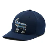 Gorra snapback azul marino con visera curva y parche frontal bordado con la silueta de un alce y un paisaje de montañas y lago en tonos azules y verdes.