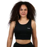 Top deportivo negro de mujer, corte crop top, con escote redondo y tirantes anchos. Presenta el logo de Diadora en blanco en el pecho.
