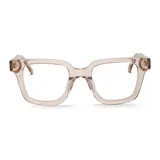 Lentes de lectura con armazón de acetato en tono rosado traslúcido, de diseño cuadrado con bordes redondeados.