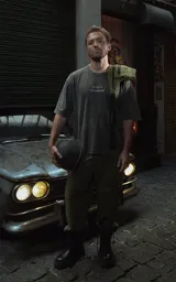 Remera negra con efecto nevado/acid wash, corte oversize, con estampado gráfico en la espalda inspirado en la película 'Bastardos sin gloria' de Tarantino, mostrando personajes con armas y dinamitas.