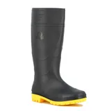 Bota de lluvia de caña alta, color negro con suela de goma amarilla. Presenta el logo de la marca estampado en el lateral superior.