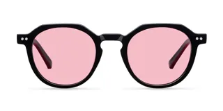 Lentes de sol con montura geométrica negra y lentes rosas.