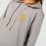 Buzo gris con capucha, cordones ajustables y puños acanalados. Estampado frontal con el logo de la casa Targaryen y la frase "Fire & Blood". Interior de la capucha con estampado de escamas de dragón en tonos dorados.