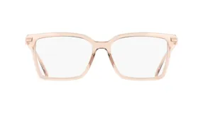 Anteojos de receta con armazón de acetato en tono rosado traslúcido, de forma rectangular con detalles metálicos en las bisagras.