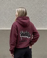 Canguro bordó con capucha, de corte regular y ajuste cómodo. Presenta un estampado gráfico en la espalda que combina una silueta de casa con letras estilo graffiti y el logo de la marca.