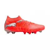 Championes de fútbol Puma Future 9 Match FG/AG, color naranja vibrante con detalles en plateado. Diseño de corte medio con tecnología de ajuste avanzado y suela especializada para tracción en césped natural y artificial.