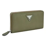 Billetera Guess modelo Viviette con cierre perimetral, color verde militar. Presenta textura saffiano y el logo triangular de Guess en metal plateado en el frente.