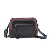 Cartera bandolera de diseño tricolor en tonos amarillo, marrón y negro, con múltiples compartimentos frontales con cierre y correa larga regulable y desmontable.