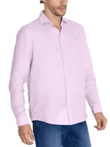 Camisa de manga larga RKF confeccionada en lino orgánico color lavanda. Presenta un diseño clásico con cuello camisero, cierre frontal de botones y logo bordado al tono en el pecho. Posee un acabado melange y detalles en contraste en el interior del cuello y el ruedo.