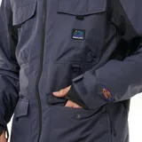 Campera de esquí azul con capucha, cierre frontal y múltiples bolsillos.