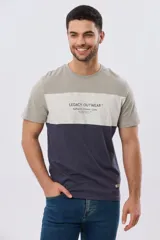 Remera de manga corta con diseño de bloques de color en tonos gris, blanco y azul marino. Cuenta con cuello redondo y una estampa tipográfica en el centro del pecho.