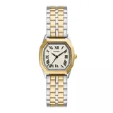 Reloj Fossil Harlow con caja octogonal de 27 mm y malla de acero inoxidable en tono bicolor plata y dorado. Presenta una esfera color crema con textura y números romanos negros.