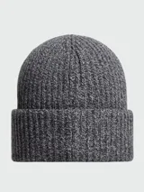 Gorro tipo beanie de punto mouliné en tonos grises, con parche de logo Moncler en la parte frontal.
