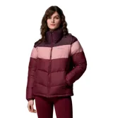 Campera puffer acolchada Columbia modelo Puffect II Colorbloc, con diseño de bloques de color en tonos bordó y rosado, cuello alto, cierre frontal completo y bolsillos laterales con cierre.