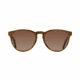 Lentes de sol con montura redonda color marrón con textura de madera y lentes marrones degradados.