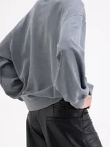 Buzo de algodón color gris con calce holgado, cuello redondo y mangas largas. Presenta un estampado frontal de cerezas con llamas y logo bordado en la espalda.