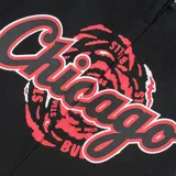 Short de básquet negro con detalles en rojo, cintura elástica con cordón ajustable, diseño con el logo y nombre de los Chicago Bulls y los bordes inferiores en color rojo.