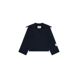 Sweater de punto de trama abierta color azul marino, con cuello polo y lazos decorativos en el escote, de manga larga holgada y puños anchos.