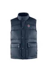 Chaleco acolchado azul marino, con cierre de botones a presión, cuello alto y dos bolsillos frontales con solapa y botón.