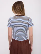 Remera crop de tejido estriado con diseño de rayas horizontales en celeste, marrón y blanco, de manga corta y cuello redondo en color marrón.
