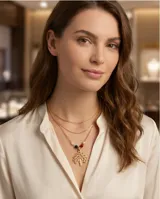 Collar de acero dorado con diseño de tres cadenas finas. El dije central representa un árbol de la vida calado, decorado con pequeñas cuentas de perla, ónix negro y cristal rojo.