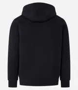 Buzo deportivo negro con capucha, cierre frontal con cremallera, bolsillos laterales y puños ajustados. Confeccionado en tejido de algodón y poliéster.