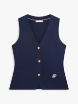 Chaleco de punto slim azul marino Tommy Hilfiger, confeccionado en puro algodón peinado, con cuello en V, botones dorados y logo bordado en la parte delantera.