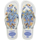 Ojotas Havaianas modelo Top Tropicalia Vibes II, color blanco con estampado floral en tonos azules y naranjas. Las tiras son blancas con el logo de Havaianas en dorado.