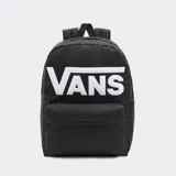 Mochila negra Vans Old Skool Drop V con logo blanco estampado. Tiene un compartimento principal amplio, un bolsillo delantero con cremallera y panel de organización, un bolsillo lateral para botellas de agua y correas acolchadas.